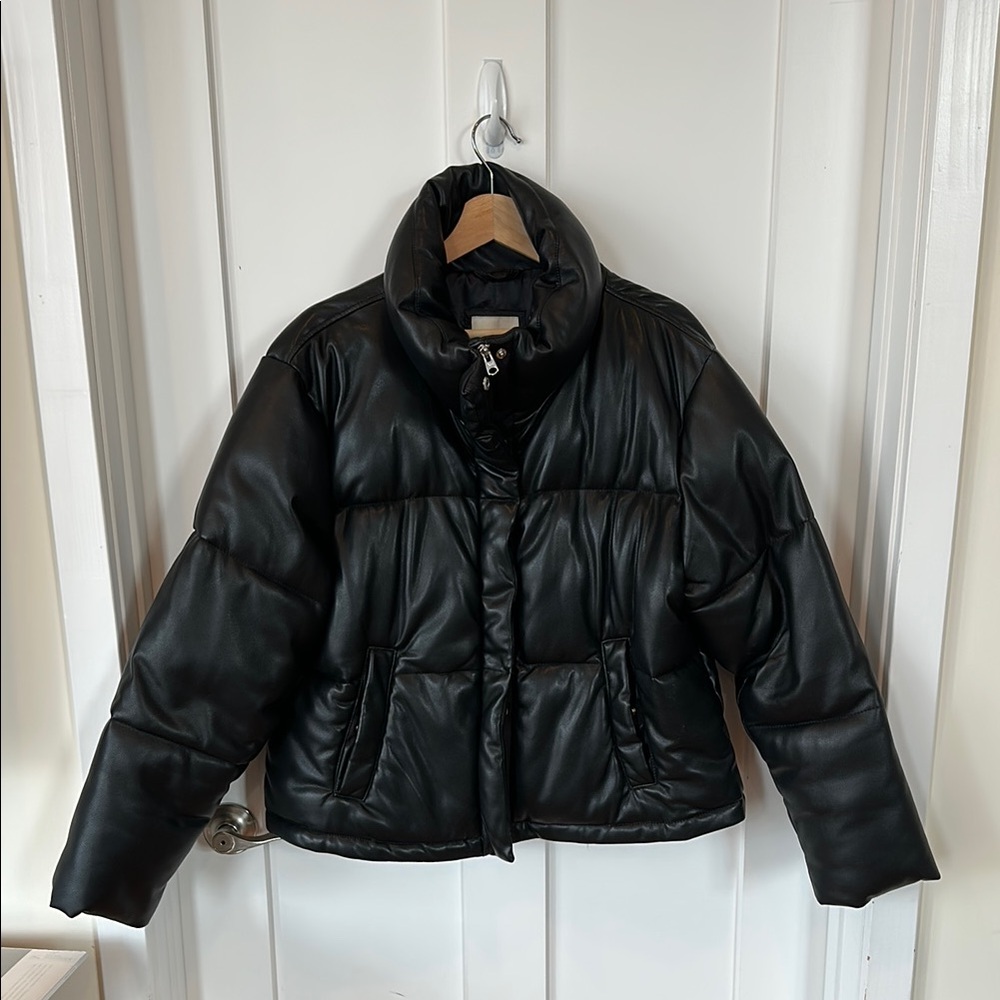Women's Black Vegan Leather Puffer Jacket